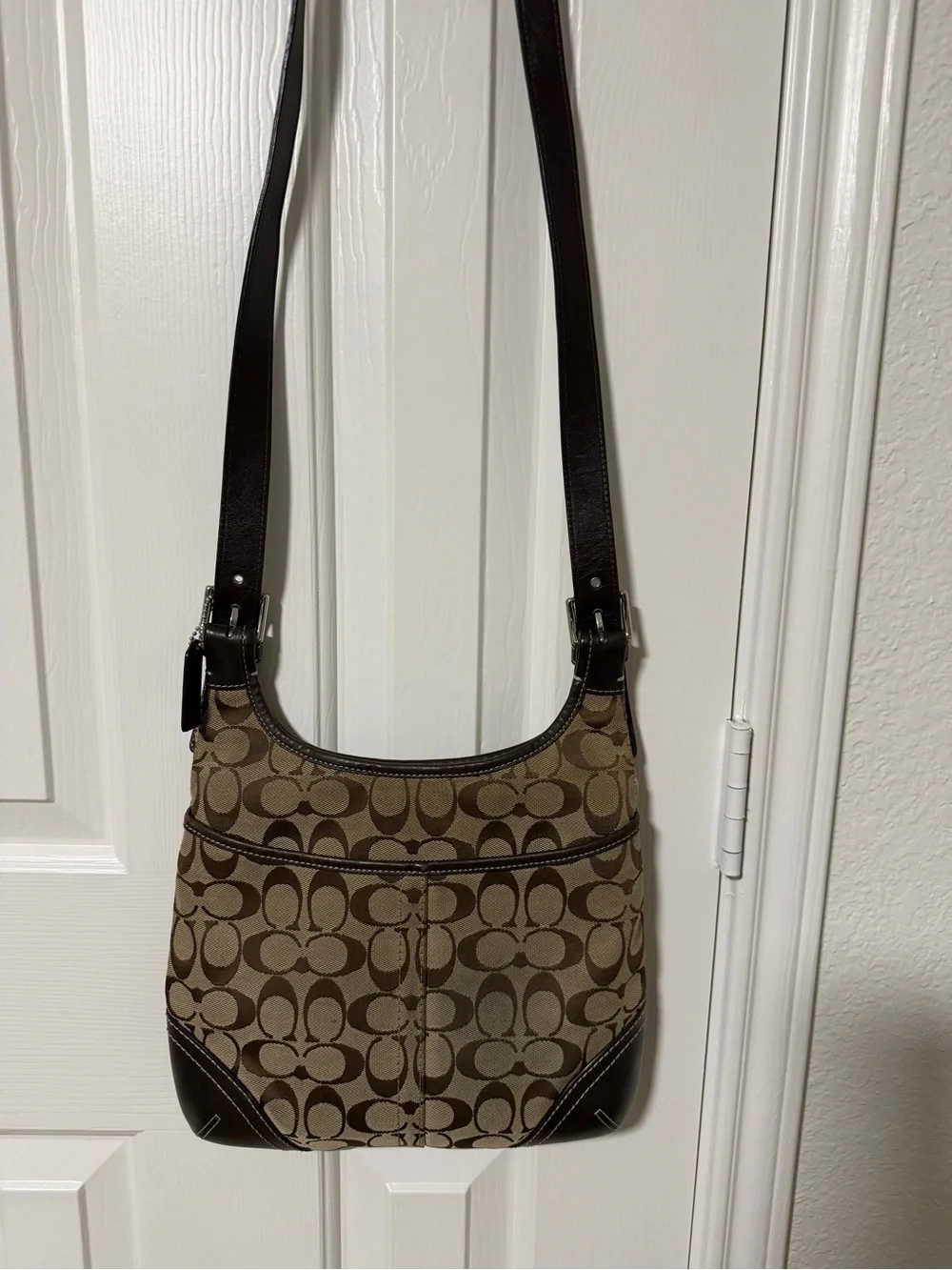 Coach Brown/Tan Signature Canvas Shoulder Bag with Dark Brown Leather Trim